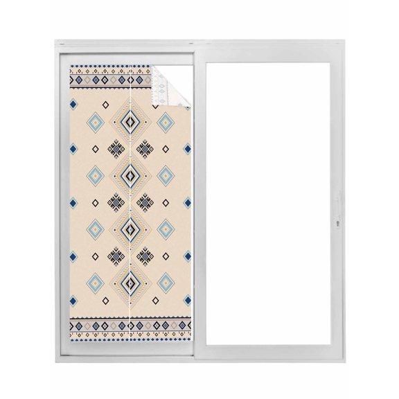 Boho Geometric Window Privacy Film, Retro Rustic Chic Ethnic Abstract Patterned Static Cling UV Sun Blocking Tint Film Heat Control Windows Films for Bedroom Bathroom, Window Stickers 17.7"x39.3"
