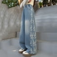 thumbnail image 6 of PMVFHDE Girls Fashion Denim Pants Straight Leg Casual Trousers With Cool Prints Loose Fit Wide Leg Arrivals Blue,13-14 Years, 6 of 9