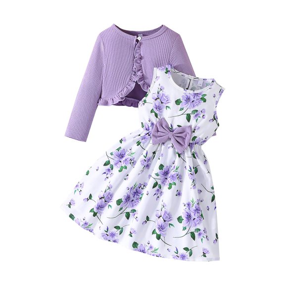 Splozh Girls Clothes 2PCS Little Toddler Girls Dress with Cardigan Floral Dresses Ruffle Sweaters Spring Clothes Purple,6-7 Years