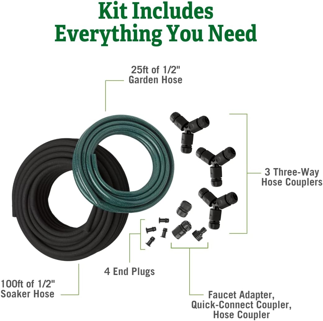 Gardener's Supply Company Snip-n-Drip Irrigation Kit | Outdoor Customizable Self-Watering Sprinkler Soaker Hose System | Supplys 4 25 Foot Garden Rows
