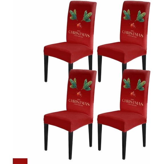 Dining Room Chair Covers, Merry Christmas and Happy New Year Reindeer Ball Pine Branch Leaves Winter Red Stretch Parsons Chair Slipcovers Removable Kitchen Chair Protector Cover, Set of 4