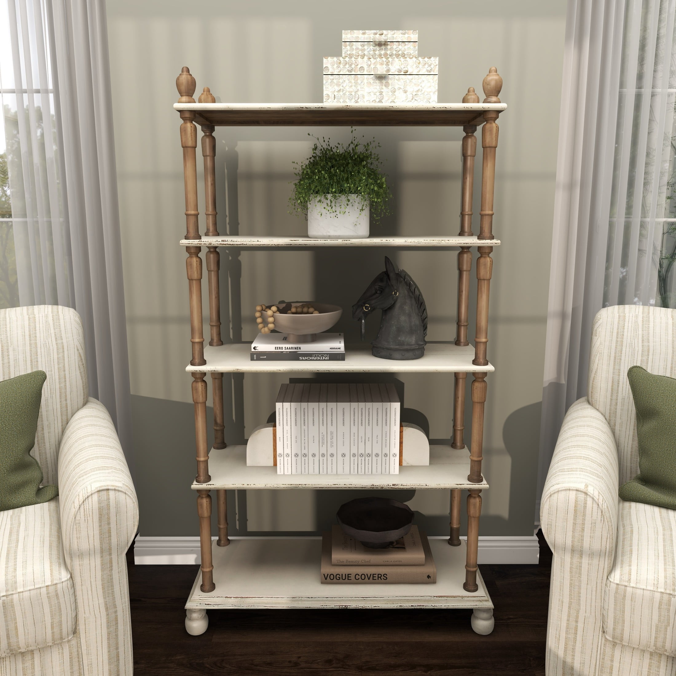 DecMode 37" x 75" White Wood Distressed Turned 5-Tier Shelving Unit with Brown Spindle Sides and Ball Feet, 1-Piece