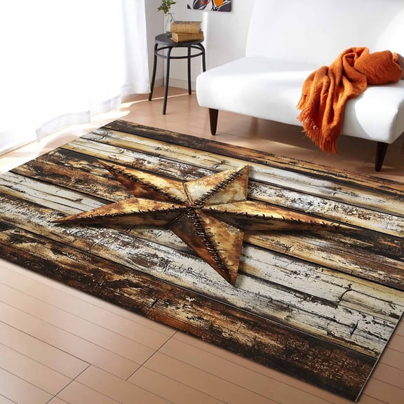 Area Rugs 5x7 Ft Retro Star Country Texas Stars Worn-out Weathered Wood Non-Slip Washable Rug Indoor Rug Floor Mats Non Shedding Carpet for Living Room Bedroom Dining Room Home Decor