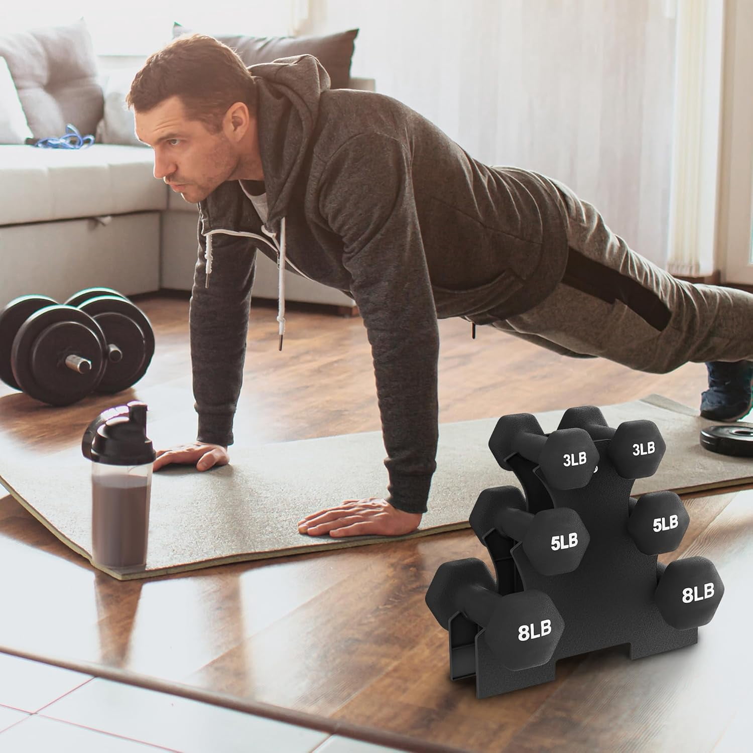Neoprene Coated Hex Dumbbell Set with Stand, 32lb Total (3/5/8lb Pairs), Non-Slip Grip Hand Weights for Strength Training & Home Gym Workouts
