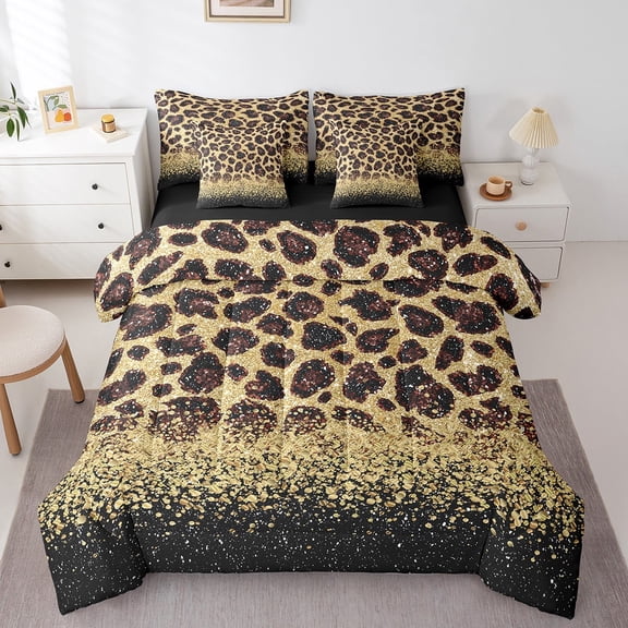 Erosebridal 7 Piece Sepia Brown Leopard Print Bed In A Bag Queen Animal Print Comforter Sets,Gold Sequins Print Sheet Set With Comforter,Animal Cheetah Bedding Set African Animals Bed Set