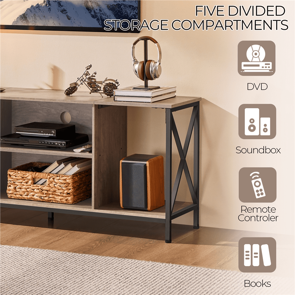 Alden Design 60-inch Industrial TV Stand with Storage, Distressed Gray