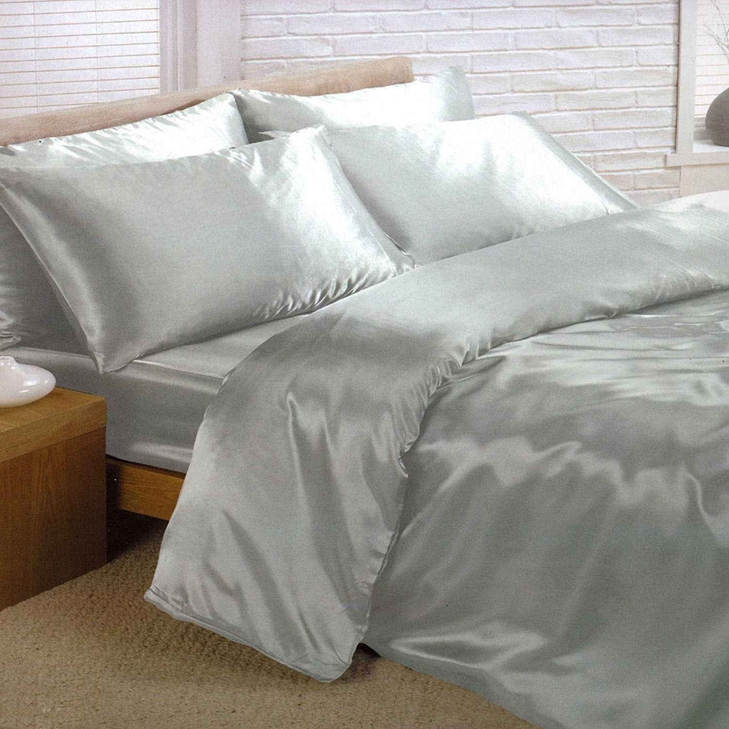 Bedify Bedding 100% Pure Silk Satin Duvet with Fitted Set 4 Pcs Silk Fitted Sheet 15" Deep Pocket Silk Duvet Cover Pillowcases | Wrinkle Free (California King, Aqua Blue)