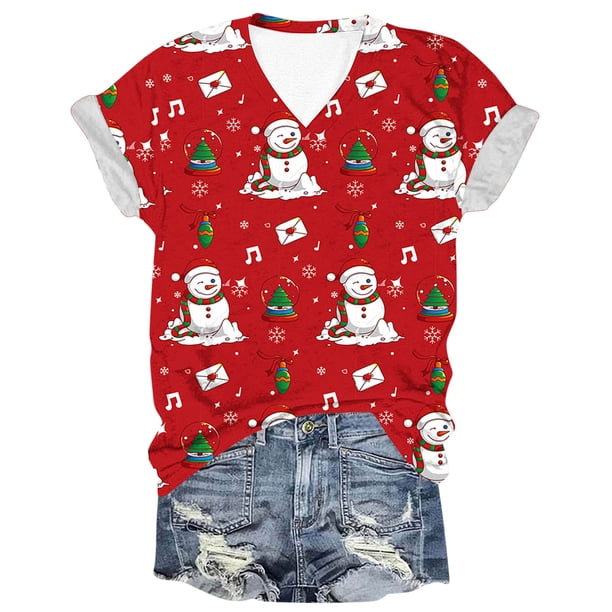 Mujeres Navidad Tops Imprimir Suéter Cuello en V Manga Corta, Poliéster Casual Top para las Vacaciones Y la Fiesta