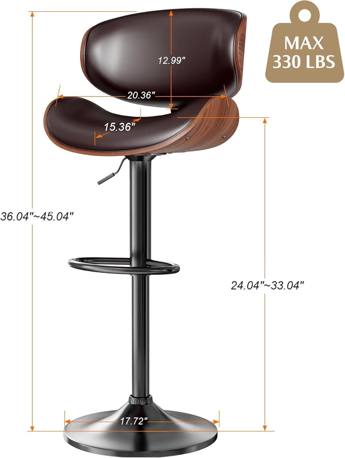 Bar Stools Adjustable Swivel Barstools Counter Stools with Back Sets of 2, Mid-Century Modern PU Leather Upholstered Counter Height Barstools, Kitchen Island Bar Chairs, Brown