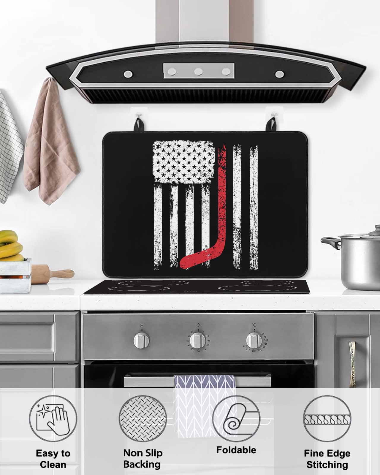 Large Induction Cooktop Protector Mat Black American Flag Stove Top Covers for Electric Stove, Vintage Red Hockey Star Strip Flag Decorative Stove Burner Cover Mats, Glass Top Stove Cover