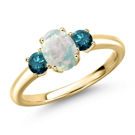 Gem Stone King 10K Yellow Gold Simulated White Opal and Blue Diamond Engagement Ring for Women | 1.30 Cttw | Oval Cabochon 7X5MM | Gemstone October Birthstone | Size 5