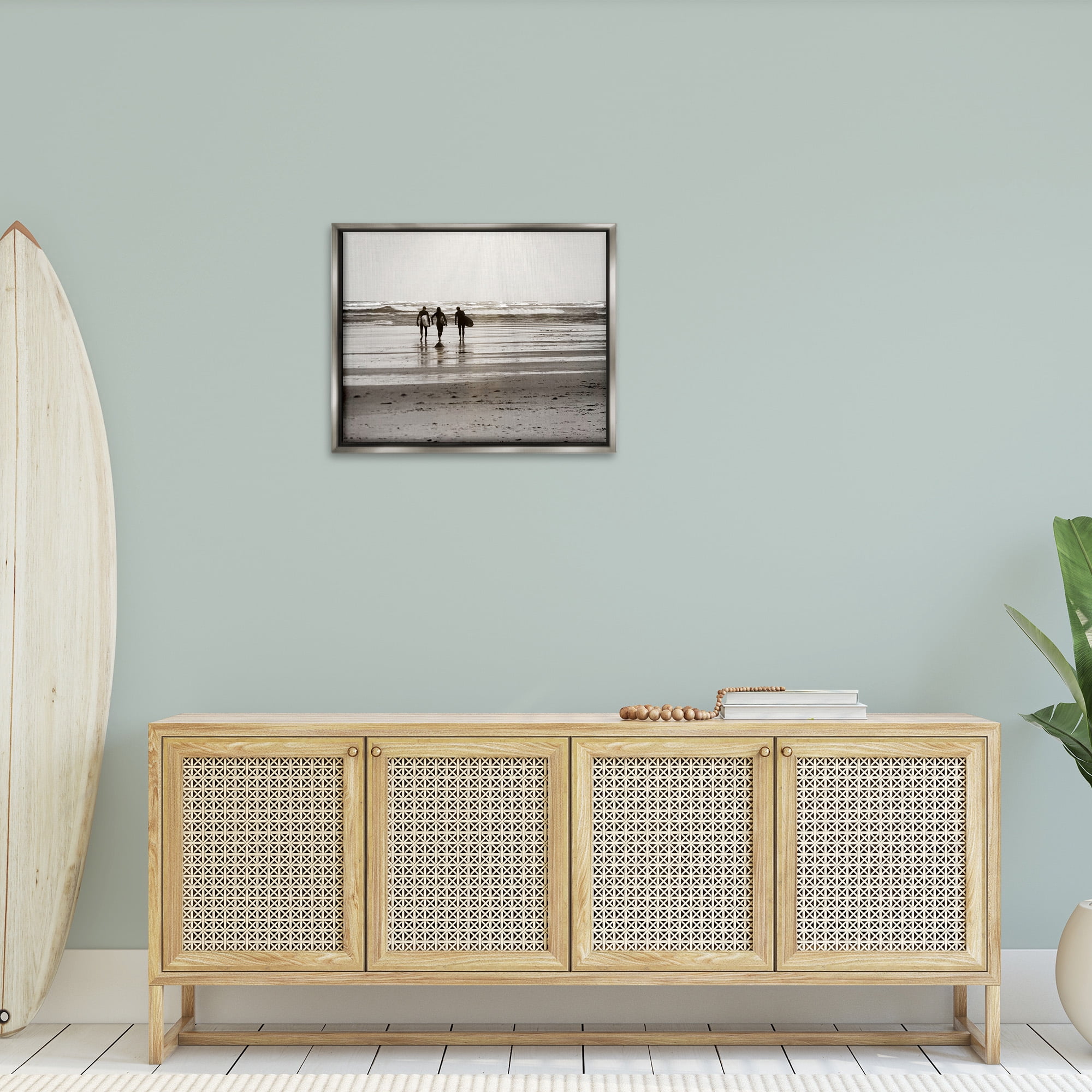 Stupell Industries Strolling Surfer Friends Landscape Photography Gray Floater Framed Canvas Art Print Wall Art, 31 x 25