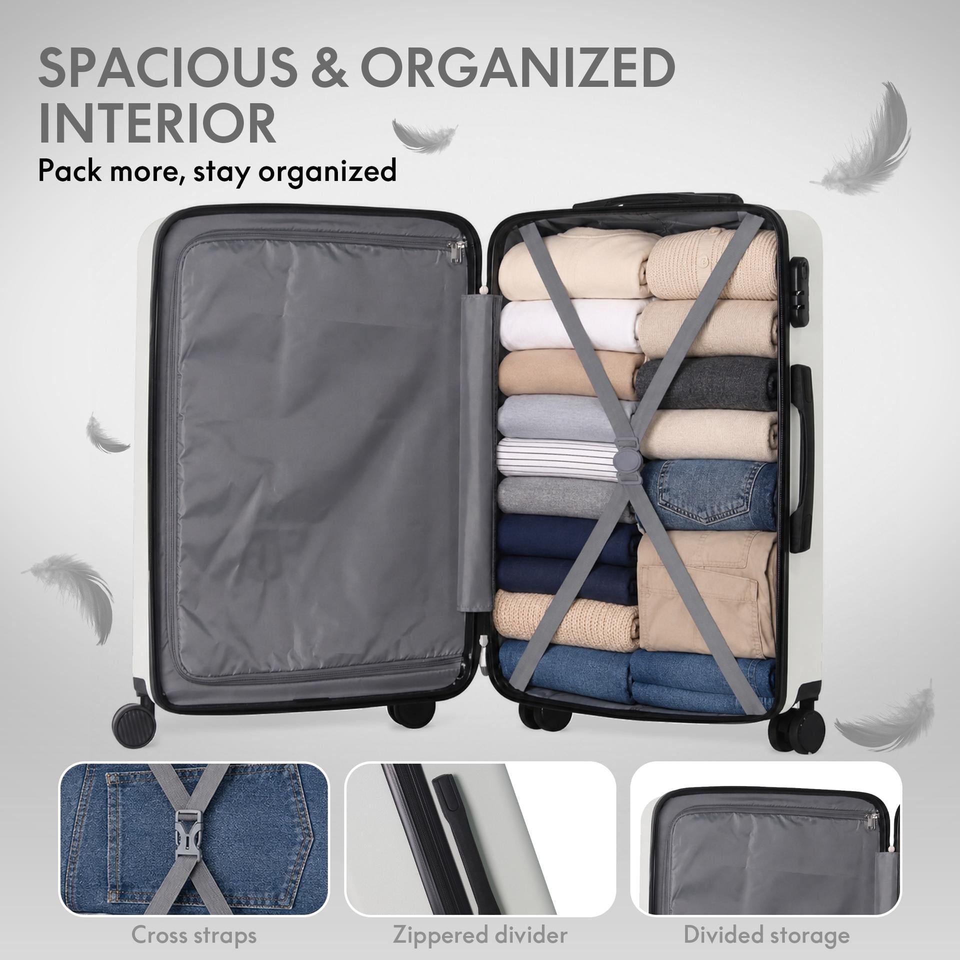 3-Piece ABS Hardshell Luggage Set, Lightweight Durable Suitcases with 4 Silent Spinner Wheels and Combination Lock, 20/24/28 Inch, White