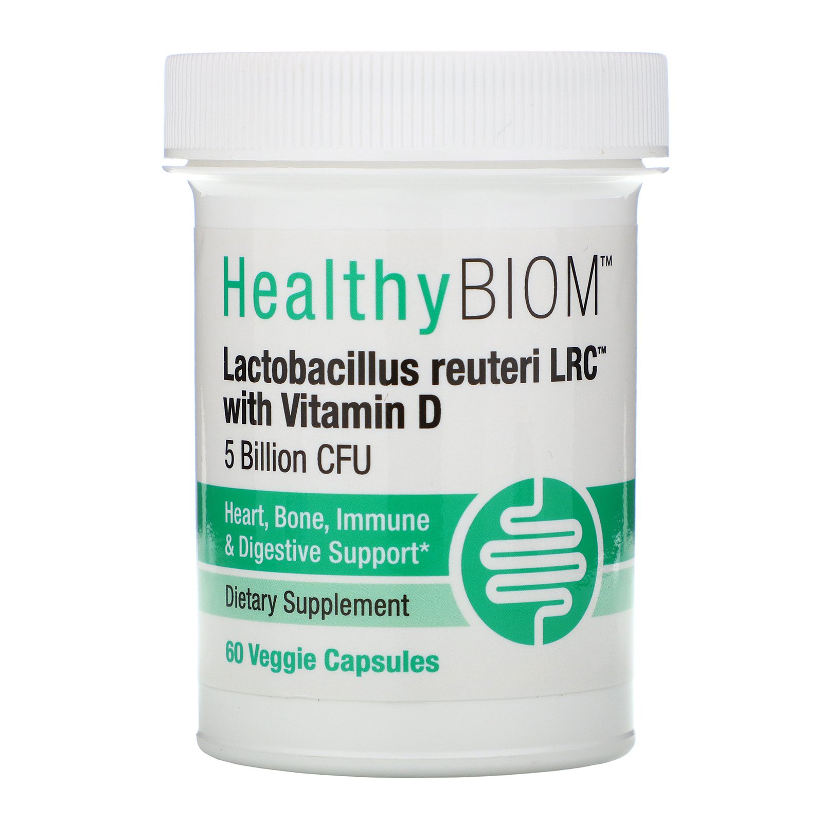 Lactobacillus Reuteri LRC with Vitamin D, 5 Billion CFUs, 60 Veggie Capsules, HealthyBiom Lactobacillus Reuteri LRC with Vitamin D, 5 Billion CFUs, 60 Veggie Capsules, HealthyBiom