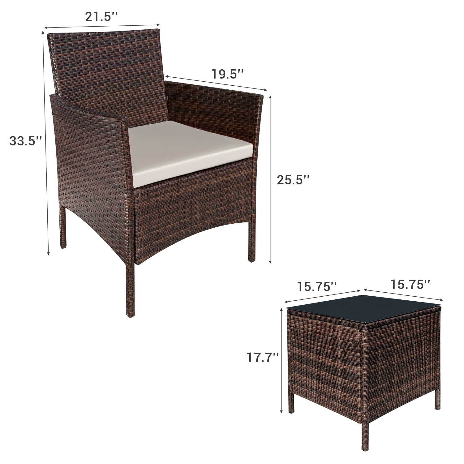 Homall 3 Pieces Patio Furniture Set Outdoor PE Rattan Wicker Patio Conversation Set Bistro Set with Tempered Glass and Cushioned Chairs, Brown/Beige