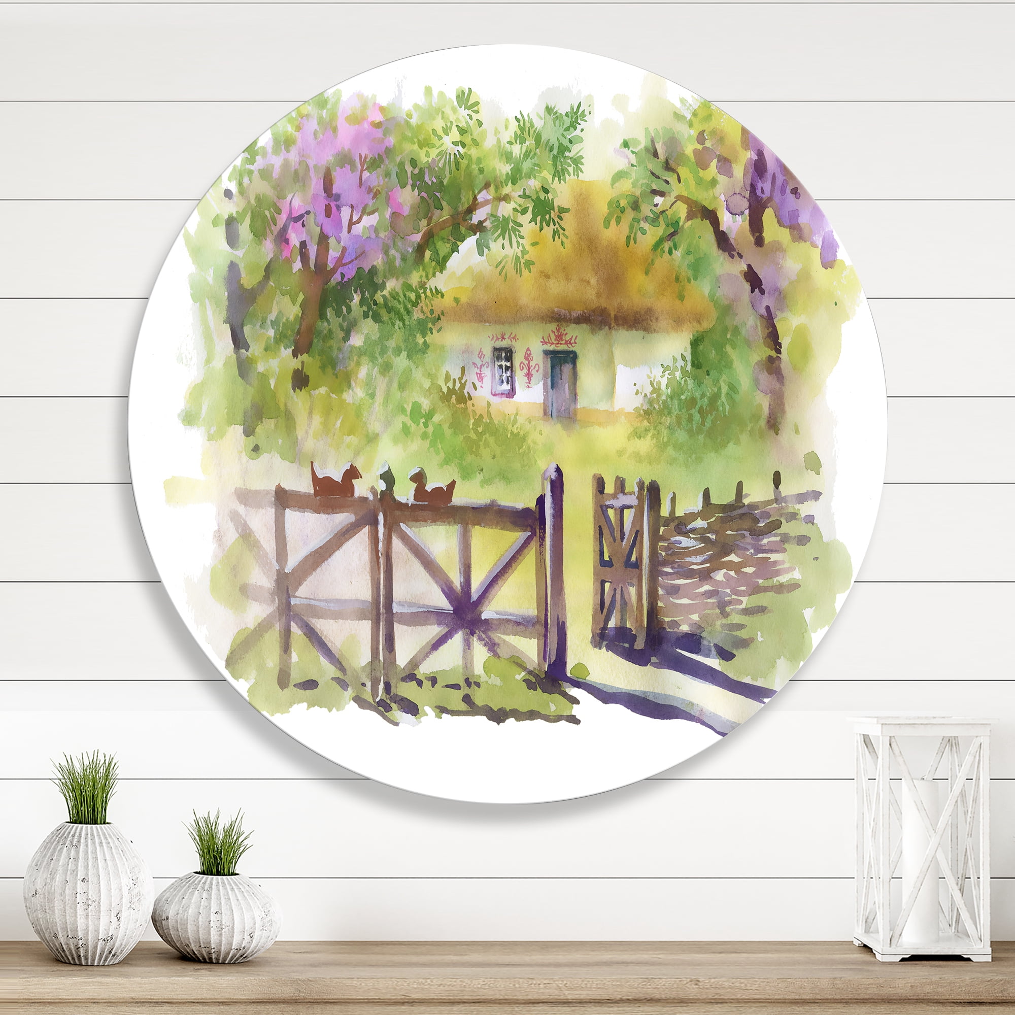 Designart 'Impression of Rustic Cottage In The Woods' Traditional Circle Metal Wall Art 23x23 - Disc of 23