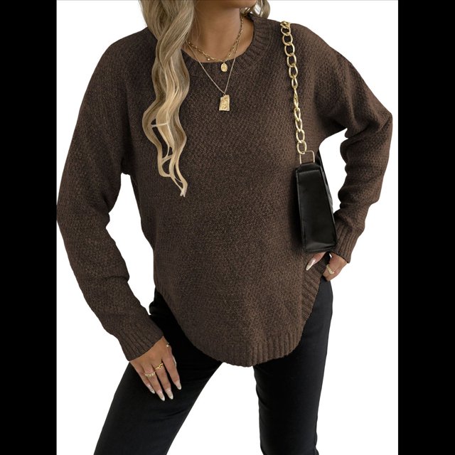 Suéter de Cuello Redondo para Mujer, Informal, Holgado, Cálido, Suave, Liso, de Larga, para Otoño e Invierno, Jersey de Punto. Café S