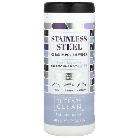Therapy Clean Stainless Steel, Clean & Polish Wipes, Fresh Lavender , 30 Wipes