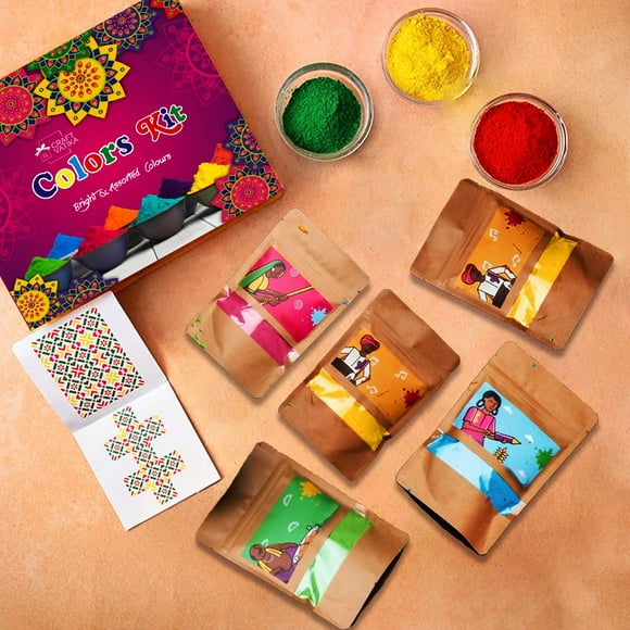 Kit de Couleurs Naturelles Holi Gulal - Lot de 5 X 80g, Couleurs Assorties Rangée Gulal Biologique - Doux pour la Peau, Non Toxique pour Enfants, Famille, Hommes & Femmes