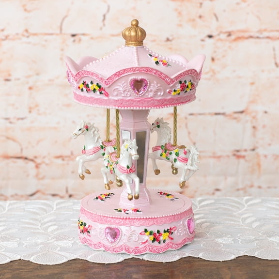 Elanze Designs Pink Rose Horse Musical Carousel 10 inch Rotating Figurine Plays Tune Memory