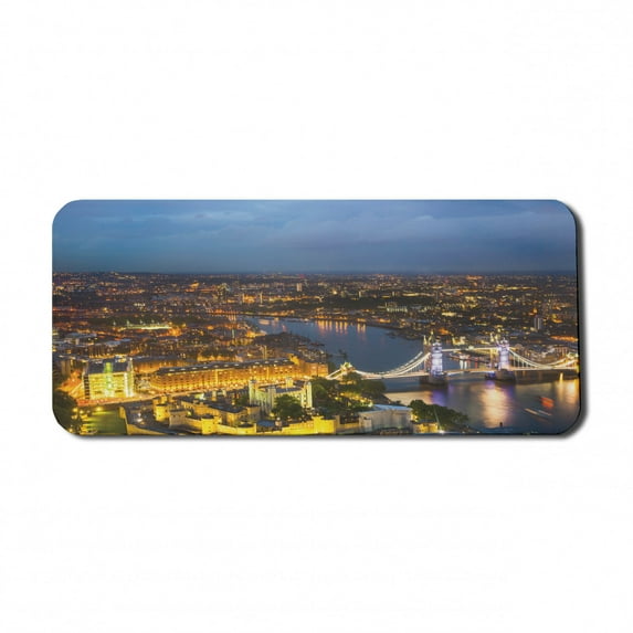 Modern Computer Mouse Pad, Sunset at London England Cityscape Night Time and Tower Bridge Landmark Urban, Rectangle Non-Slip Rubber Mousepad X-Large, 35" x 15", Yellow Bluegrey, by Ambesonne