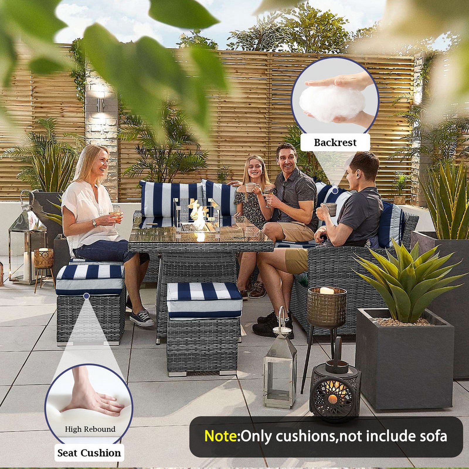 Outdoor Cushions for Patio Furniture Replacement, 4" Foam High-Density, 14-Piece Water-Resistant Outdoor Cushion for 6-Seat Sectional Patio Conversation Sets（Blue white stripes）