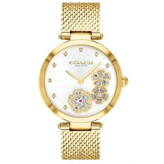 Coach 14503568 Park White Floral Design Dial Gold Tone Stainless Steel Mesh Band Women's Watch