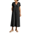 thumbnail image 2 of Xuniizn Robe en Coton et Lin pour Femme Grande Taille, Robe Chemise à Col en V, Décontractée, Couleur Unie, Boutonnée, Robe Maxi d'Été, P-3TG, 2 of 6
