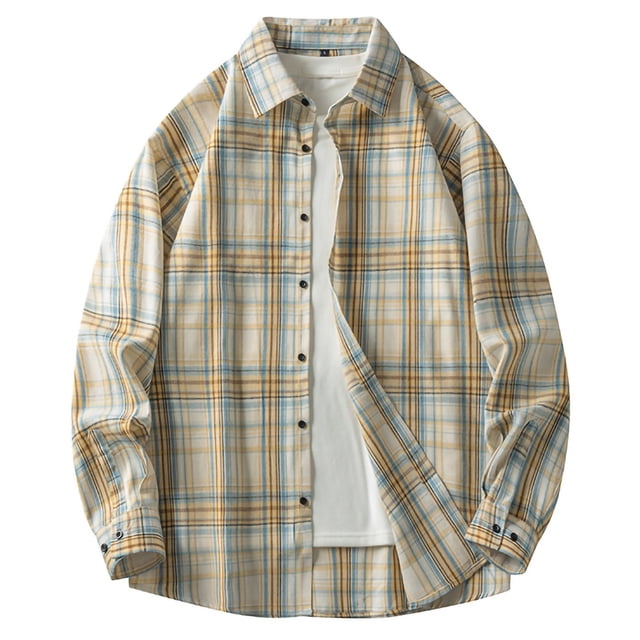 pstuiky Camisas de manga larga abrigadas para hombre, Camisa de manga larga con estampado a cuadros para hombre, holgada, de gran tamaño, con solapa y manga larga. salir tops xxxl