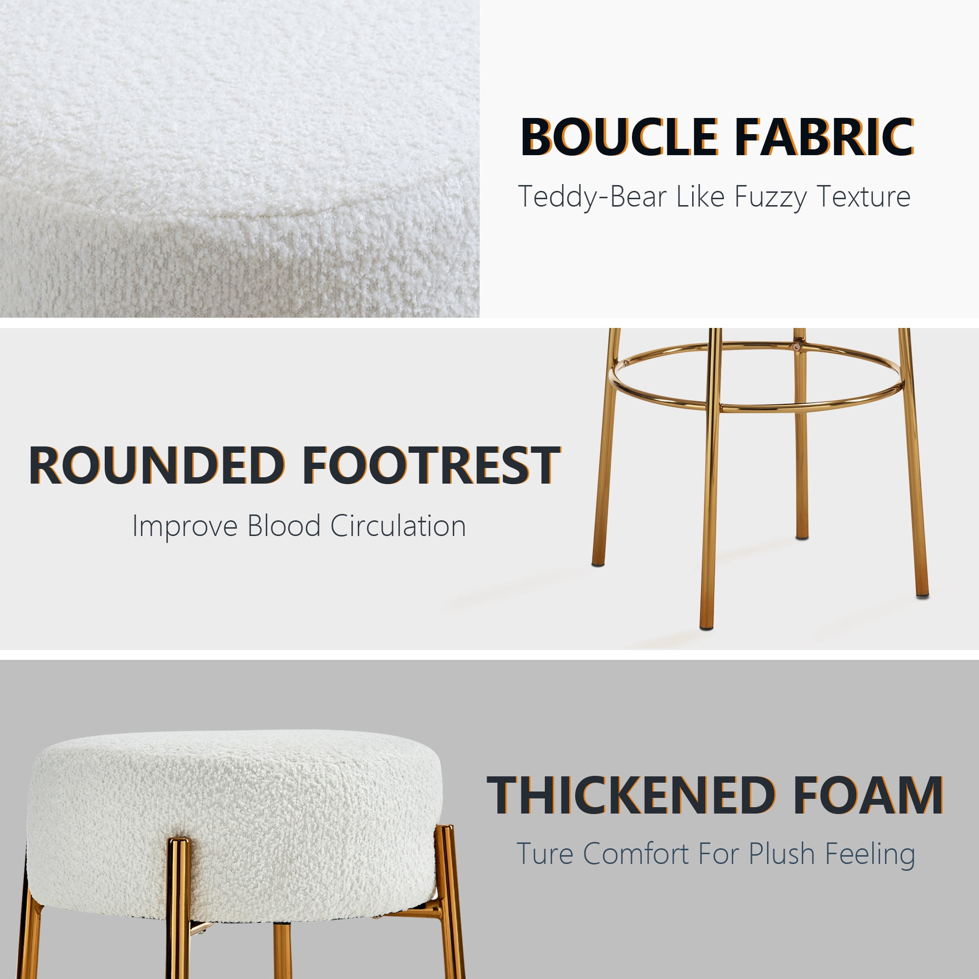 Miniyam Bar Height Bar Stools Set of 2,Boucle Kitchen Stools Upholstered Dining Chair Stools 30 Inch Height,White+Gold