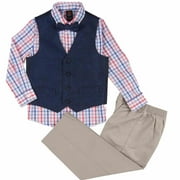 Boys 4-Piece Dress Up Outfit Red White & Blue Plaid Shirt, Bow Tie, Vest & Pants