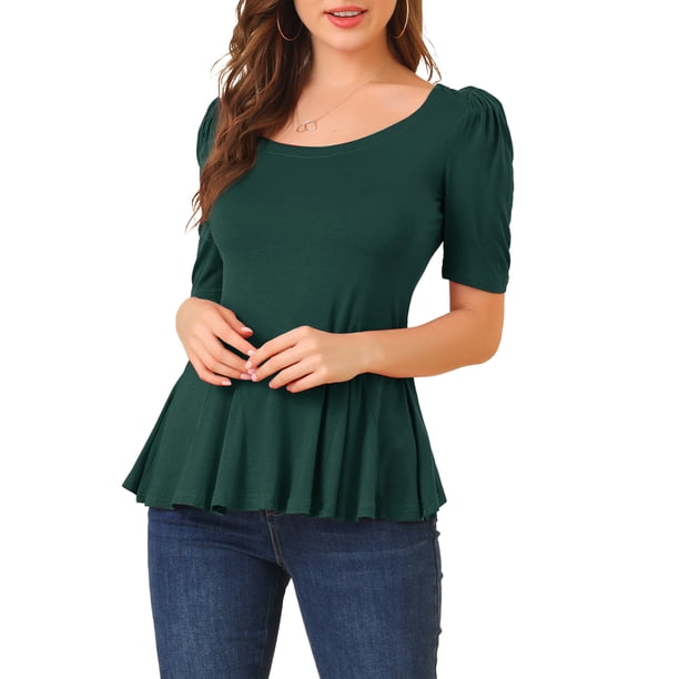 Allegra K Women's Scoop Neck Puff Short Sleeves Slim Peplum Blouse ...