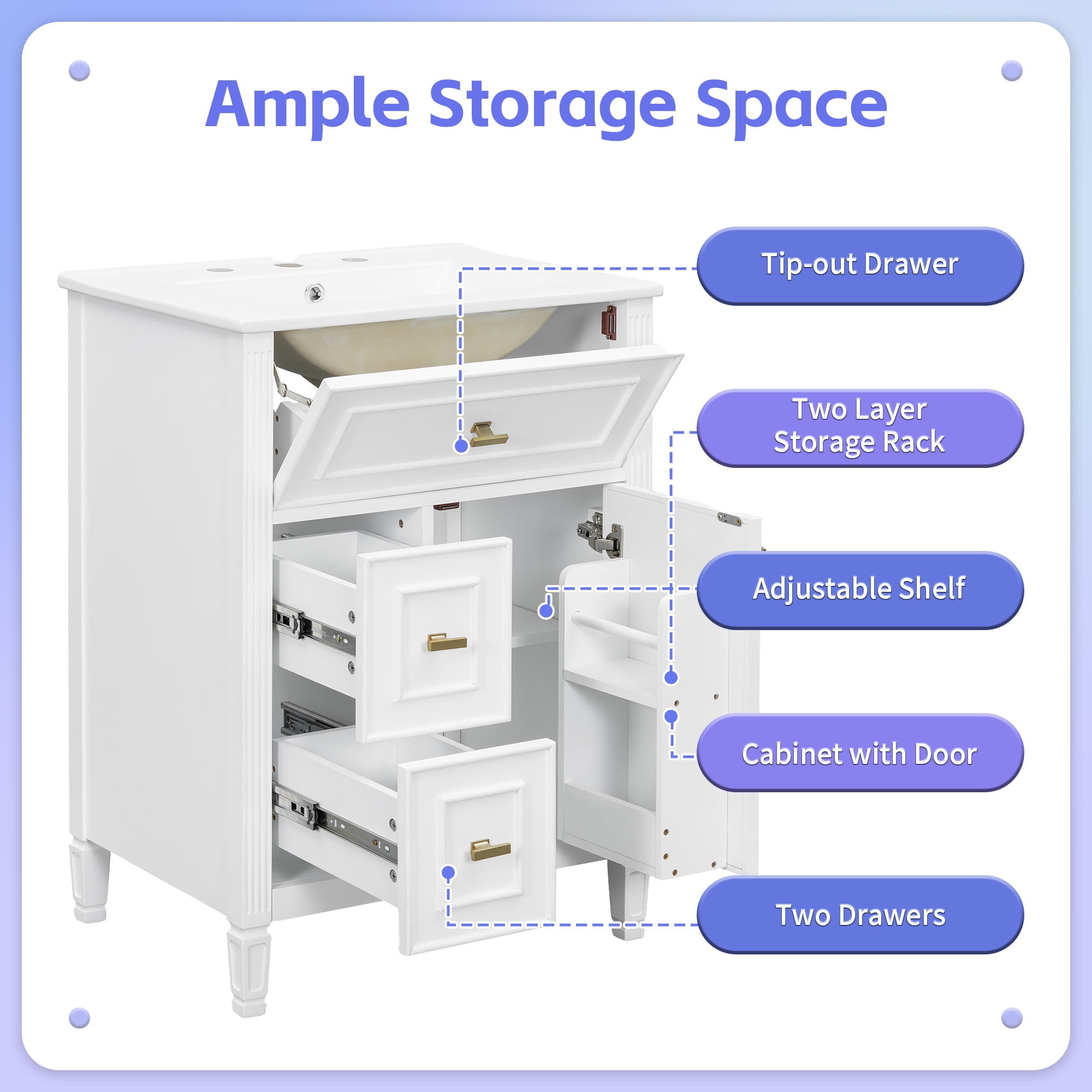 Euroco 24" Bathroom Vanity with Sink, Bathroom Vanity Cabinet with One Flip Drawer and Two Drawers, Adjustable Shelf, Solid Wood and MDF, White