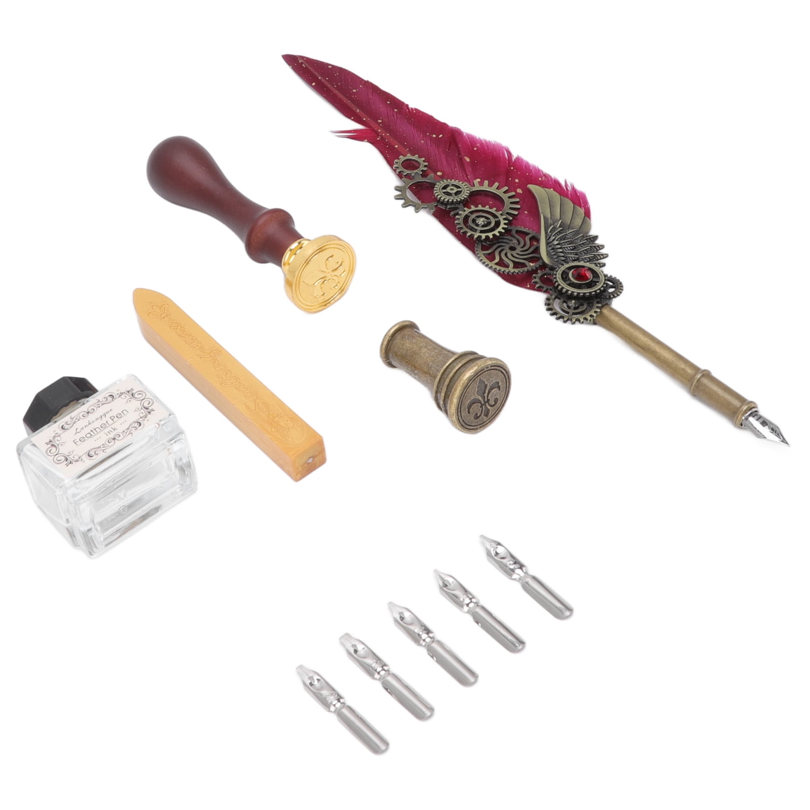 Nieyigj Vintage Mechanical Feather Quill Dip Pen Set with Brass Base, Wax Seal Stamp, and 5 Replacement Nibs - Elegant Wine Red Calligraphy Writing Kit for Artists and Beginners