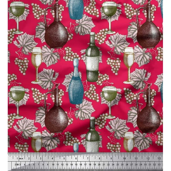 Soimoi Moss Georgette Fabric Wine Bottle,Leaves & Grapes Fruits Fabric Prints By Yard 42 Inch Wide
