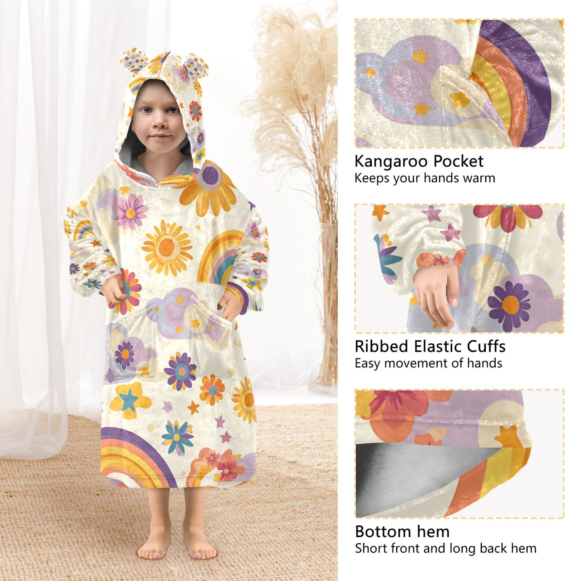 FORMRS Wearable Blanket Hoodie with Sleeves for Kids Cozy Flannel Sweatshirt, Beige Retro Rainbow