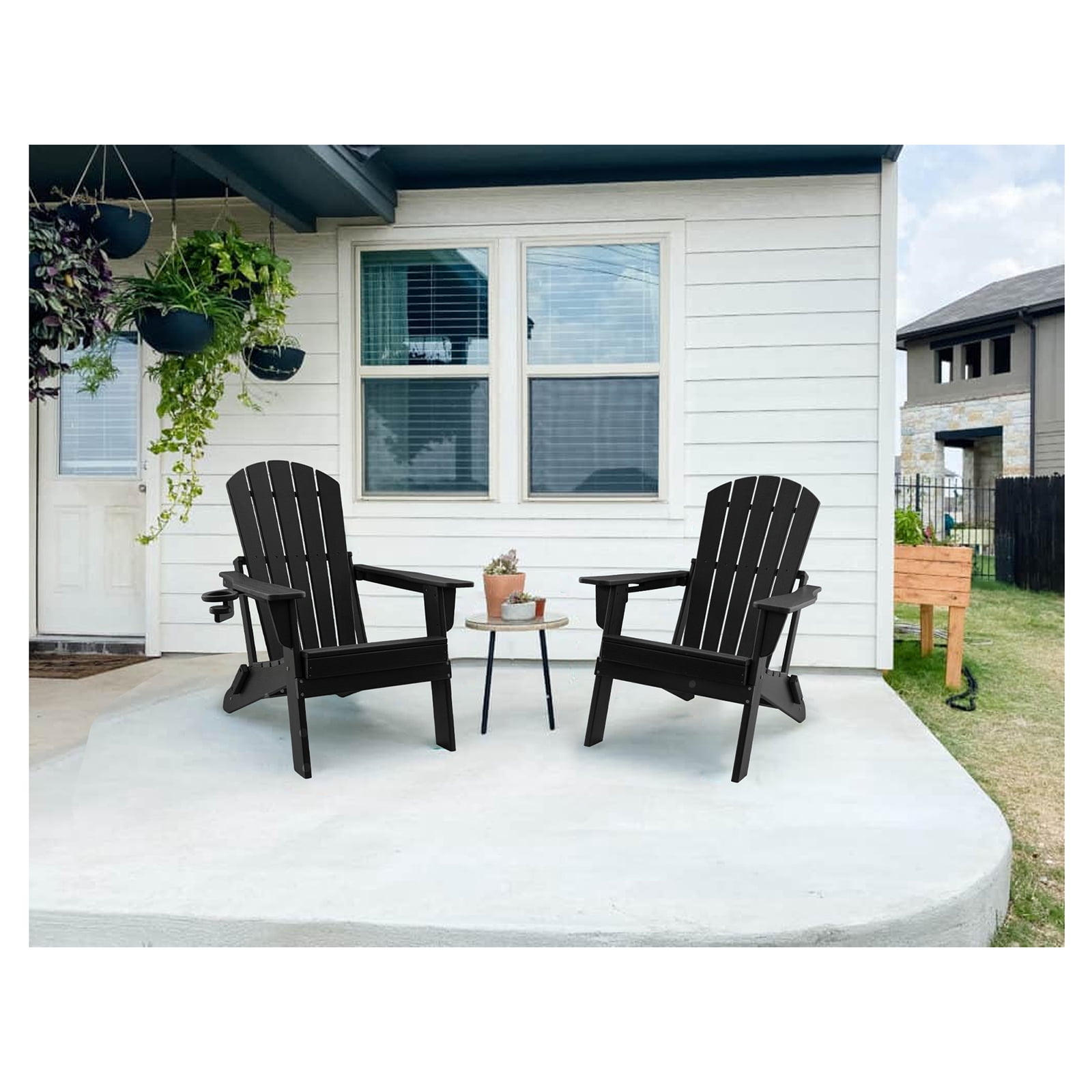 HDPE Folding Adirondack Chair with Cup Holder,Weather-Resistant, Low Maintenance,Supports up to 400lbs,Black