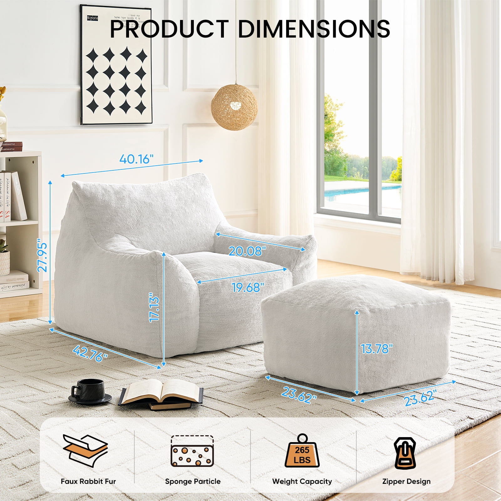 BALUS 42" Faux Fur Bean Bag Chair with 22" Ottoman and Armrests, Giant Bean Bag Chair for Adults, Comfy Chair with Armrests for Bedroom, White