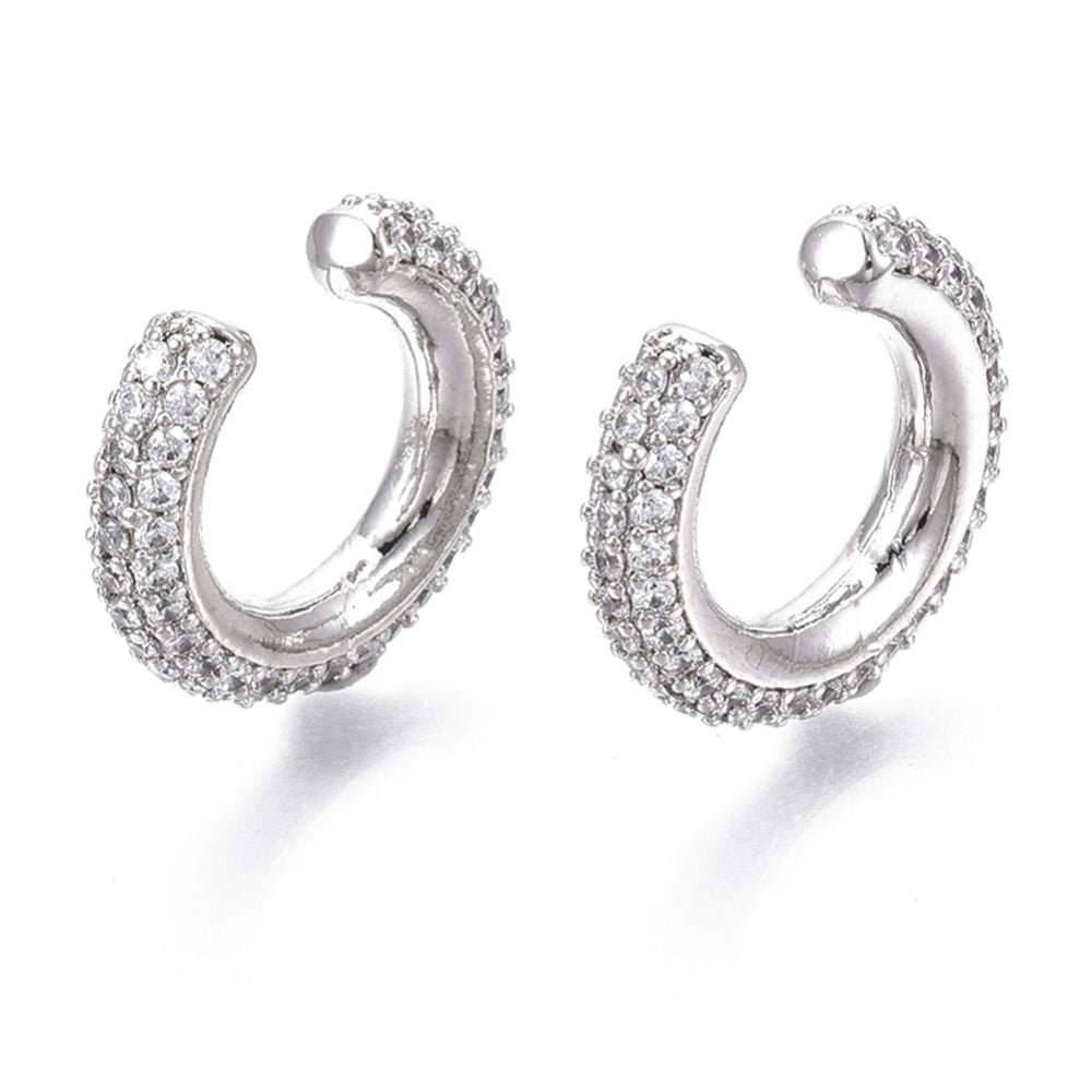 Cubic Zirconia Brass Micro Pave Clear Cubic Zirconia Cuff Earrings Nickel Free Ring Real Platinum Plated 4x10.5mm