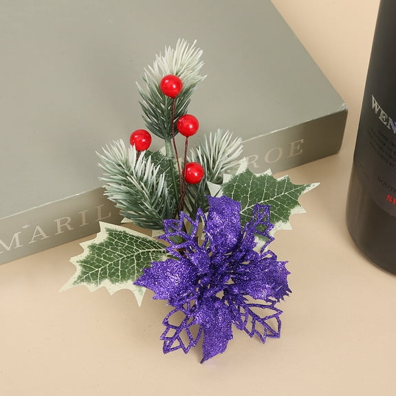 Zhuge 3PCS Christmas Artificial Flowers Glitter Red Berries Artificial Flowers Poinsettia Flowers with Clips for Christmas Wreath Wedding Home Party Garlands DIY Decor 6.3inch，Purple