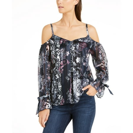 INC International Concepts Women's Petite Printed Cold-Shoulder Top Navy Size Petite