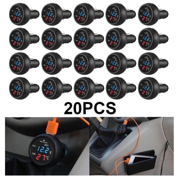 Voltímetro Digital LED para Coche 3 en 1 12/24 V + Termómetro + Cargador USB (azul)