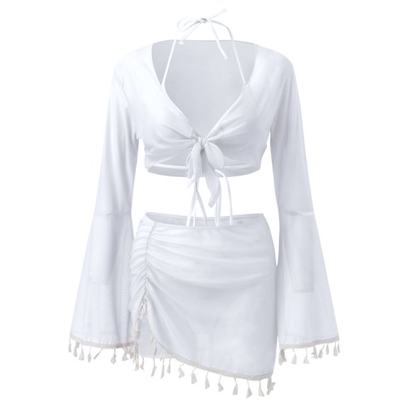 Aayomet High Waisted Swimsuits For Women 2023 Women's Split Swimsuit Solid Tassels Elegant Bikini Suit Swimsuit Four Piece Set,White M