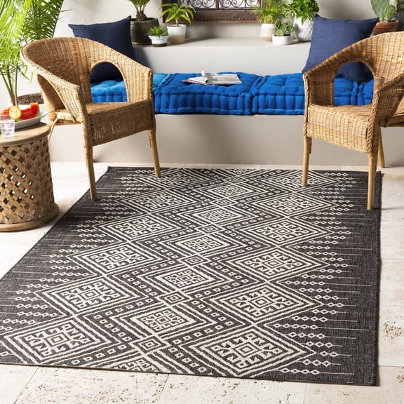 Livabliss Outdoor Rugs, 5x8 Eagean Global Black Area Rug for Patio, Porch, Deck, Backyard, Waterproof Indoor Outdoor Carpet (5'3" x 7'7")