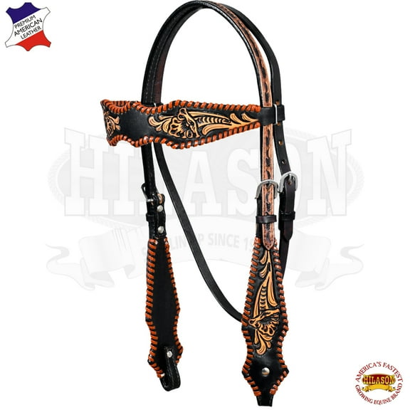 HILASON Western Horse Floral Fringes Headstall Genuine Leather Black