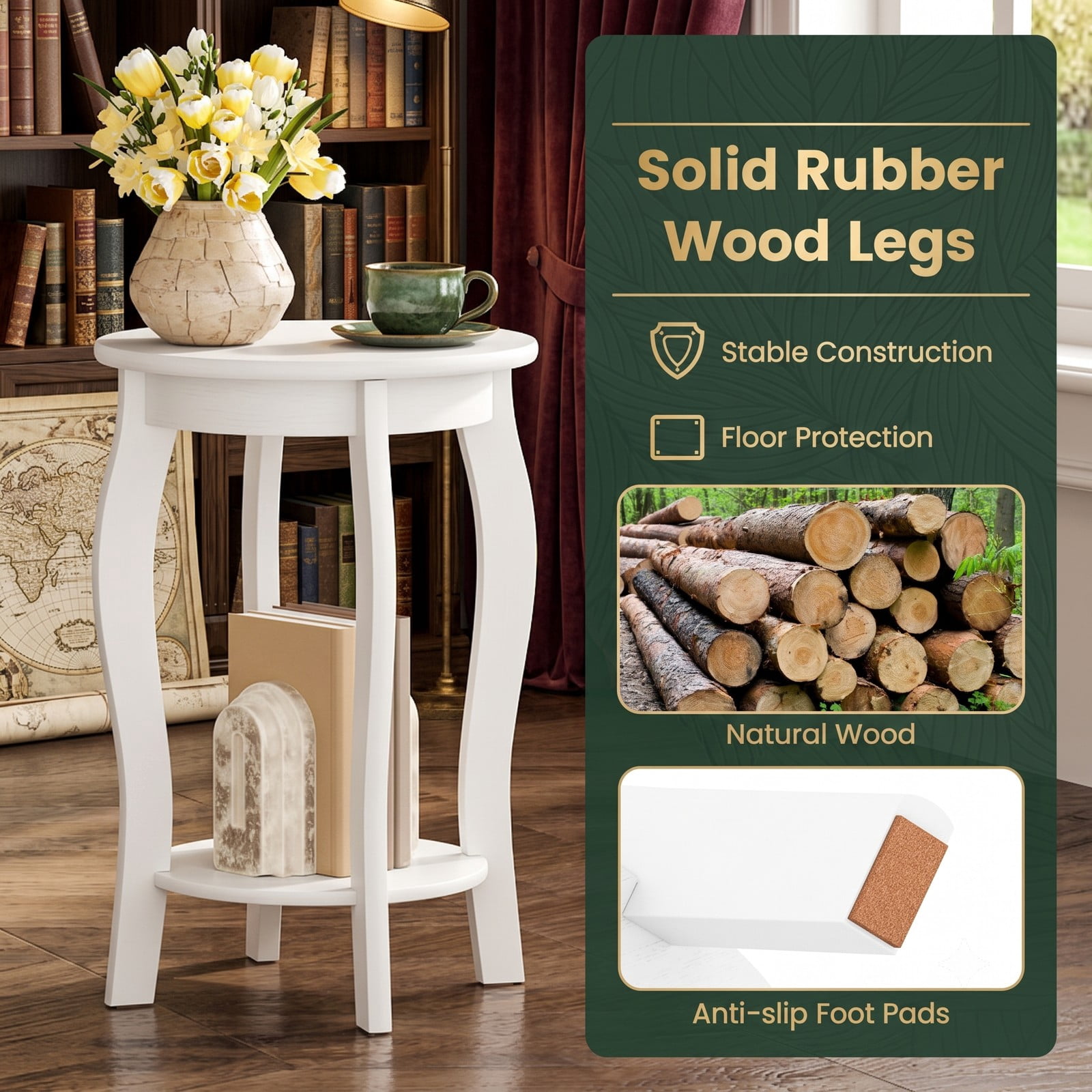 Furnibear Set of 2 Round End Tables, 15 Inch 2-Tier Side Table with Storage Shelf, Rustic Nightstand Sofa Table with Rubber Wood Legs for Living Room, Walnut & White