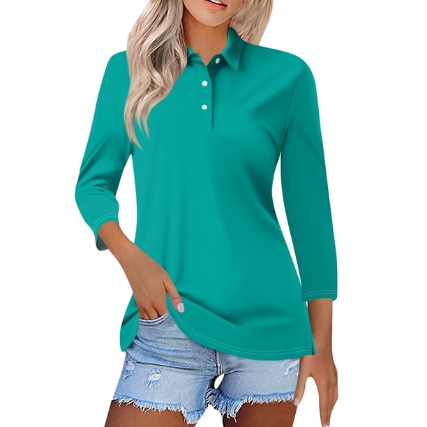 camisa de color sólido de manga 3/4 con solapa casual de moda para mujer tops con botones para mujer turquesa/l