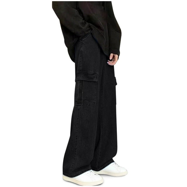 WRKEKC Cargo Jeans for Men Solid Color Elastic Waist Multiple Pockets Loose Fit Denim Fabric Spring Fall Casual Daily Wear