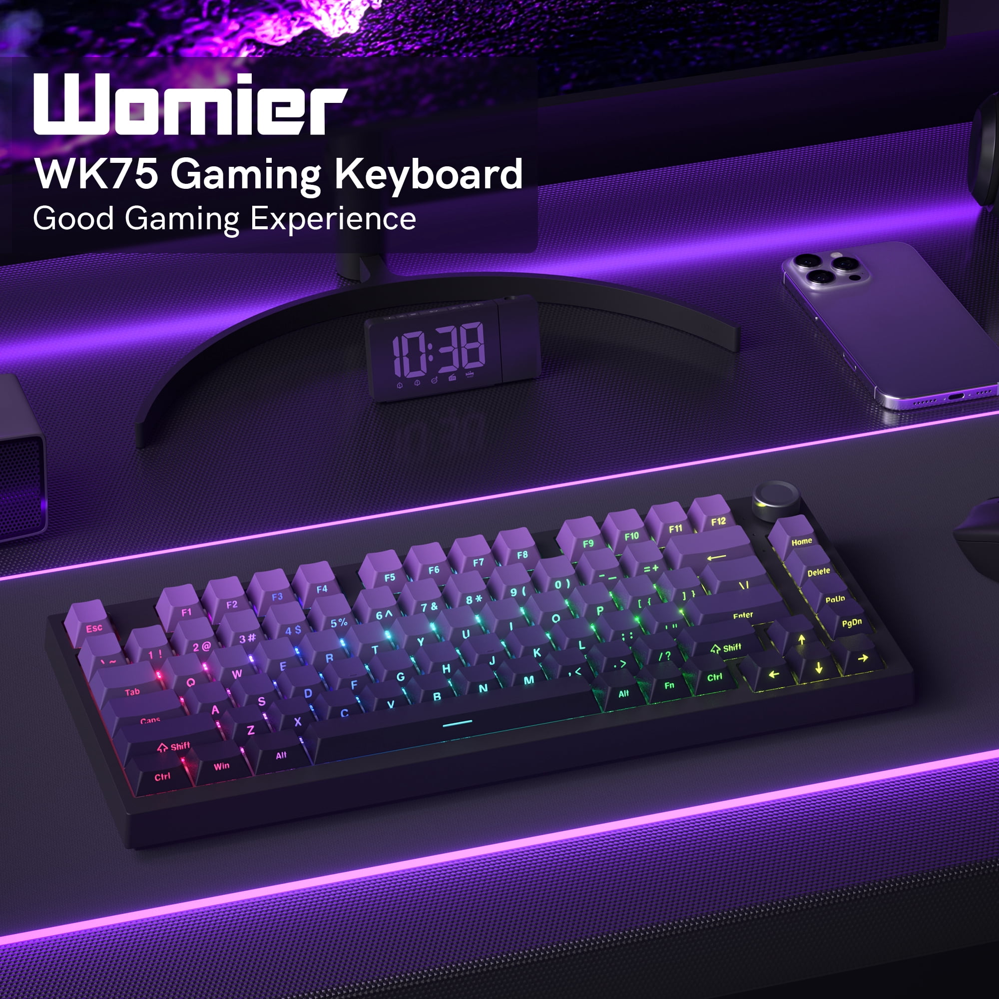 COSTOM WK75 75% Wireless Mechanical Keyboard, 75% Hot Swappable Custom Keyboard with Knob, RGB Backlit, Pre-lubed Switches, 2.4GHz/USB-C/BT5.0 Gaming Keyboards (Purple)