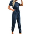 thumbnail image 4 of QUYUON Jogger Jumpsuits for Women Summer Button up Short Sleeve Crew Neck Jumpsuits Rompers with Pockets Tie Elastic Waist Solid Color Casual Loose Long Jumpsuits Playsuit Style J-421, Navy L, 4 of 5